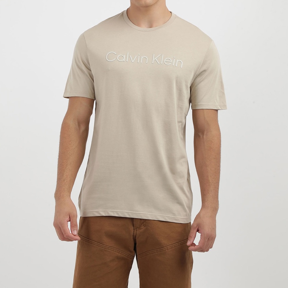 Calvin Klein Men’s Logo T-Shirt Beige Large Crewneck Graphic Tee
